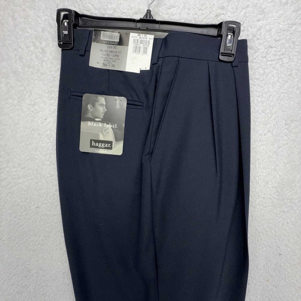 Haggar Black Label Ashford Men 38x34 Navy Blue Pleated‎ Cuffed Dress Pants New